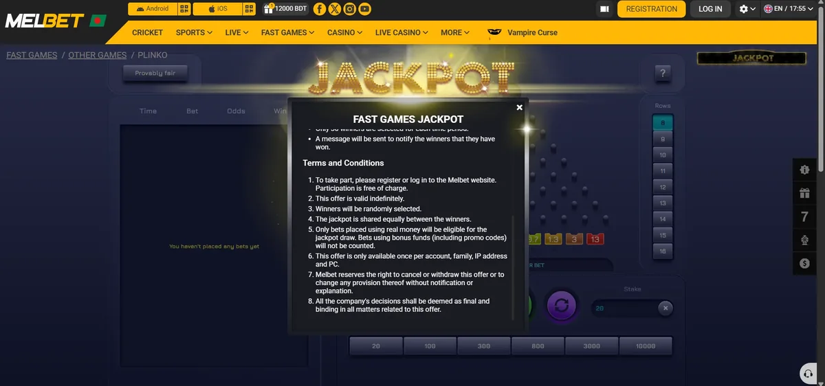 Fast Games Jackpot terms at Melbet stating that only real-money bets qualify and bets using bonus funds or promo codes are not counted
