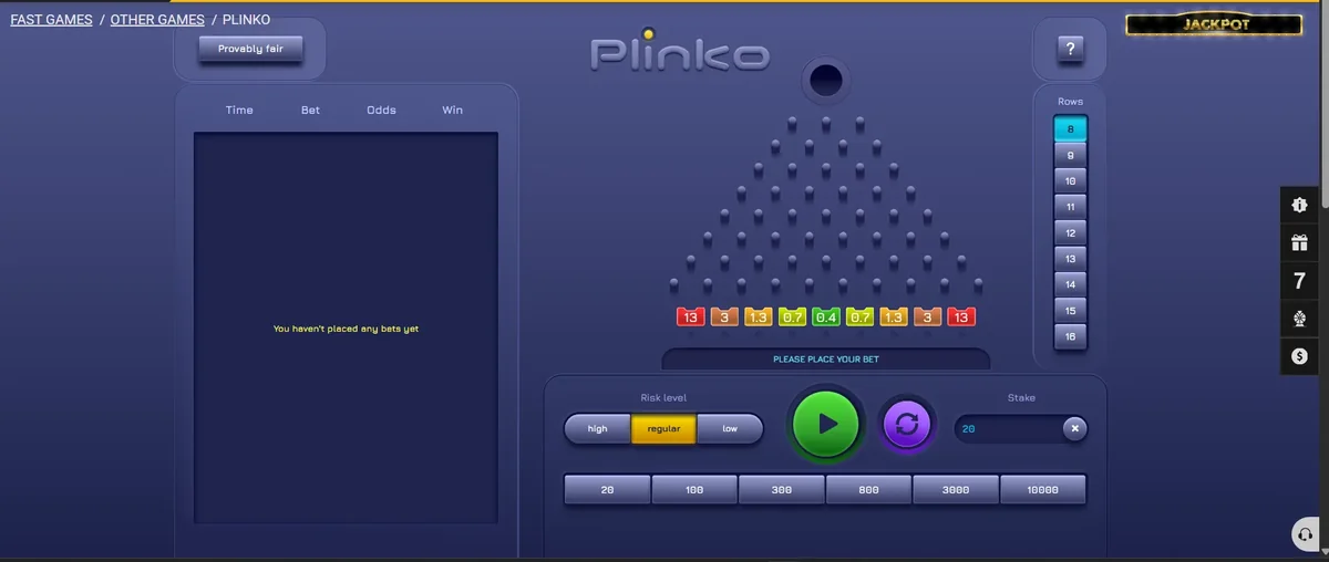 Melbet Fast Games Plinko board set to 8 rows and regular risk, with the payout strip 13, 3, 1.3, 0.7, 0.4 below the pin pyramid